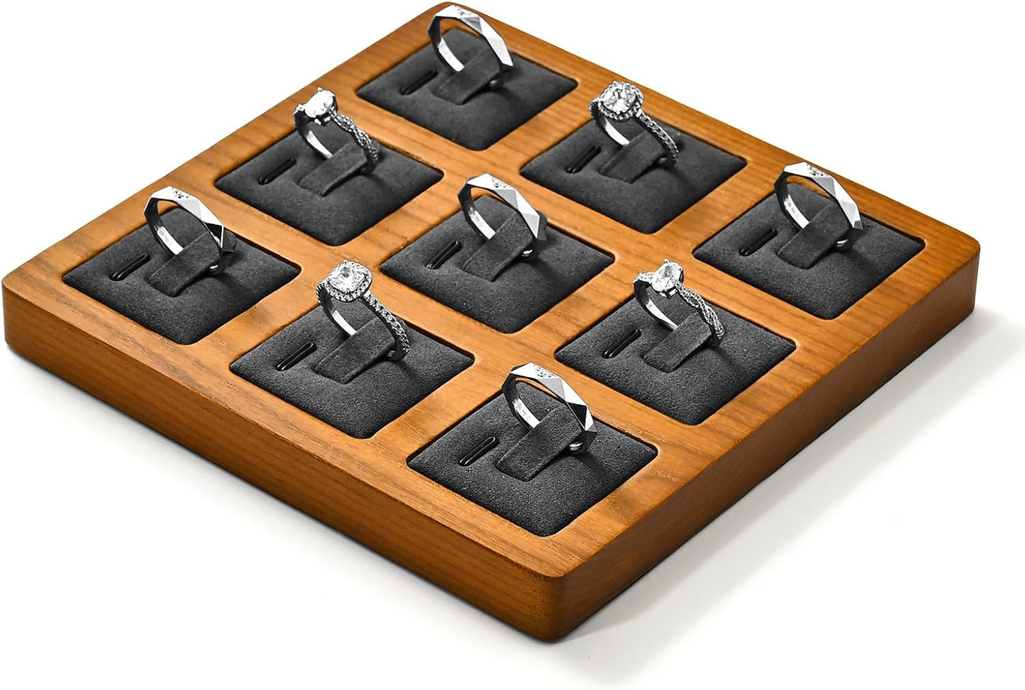 Soporte anillos madera 9 puntas bandeja gris