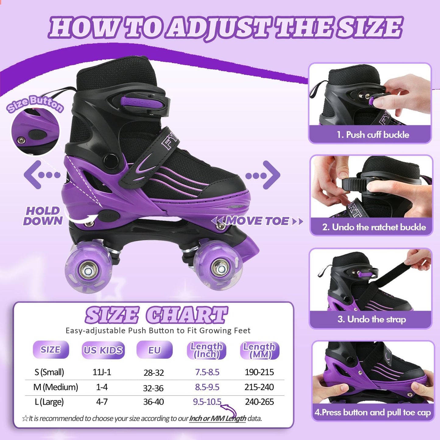 Patines cuádruples niños 4 tamaños ajustables ruedas iluminadas