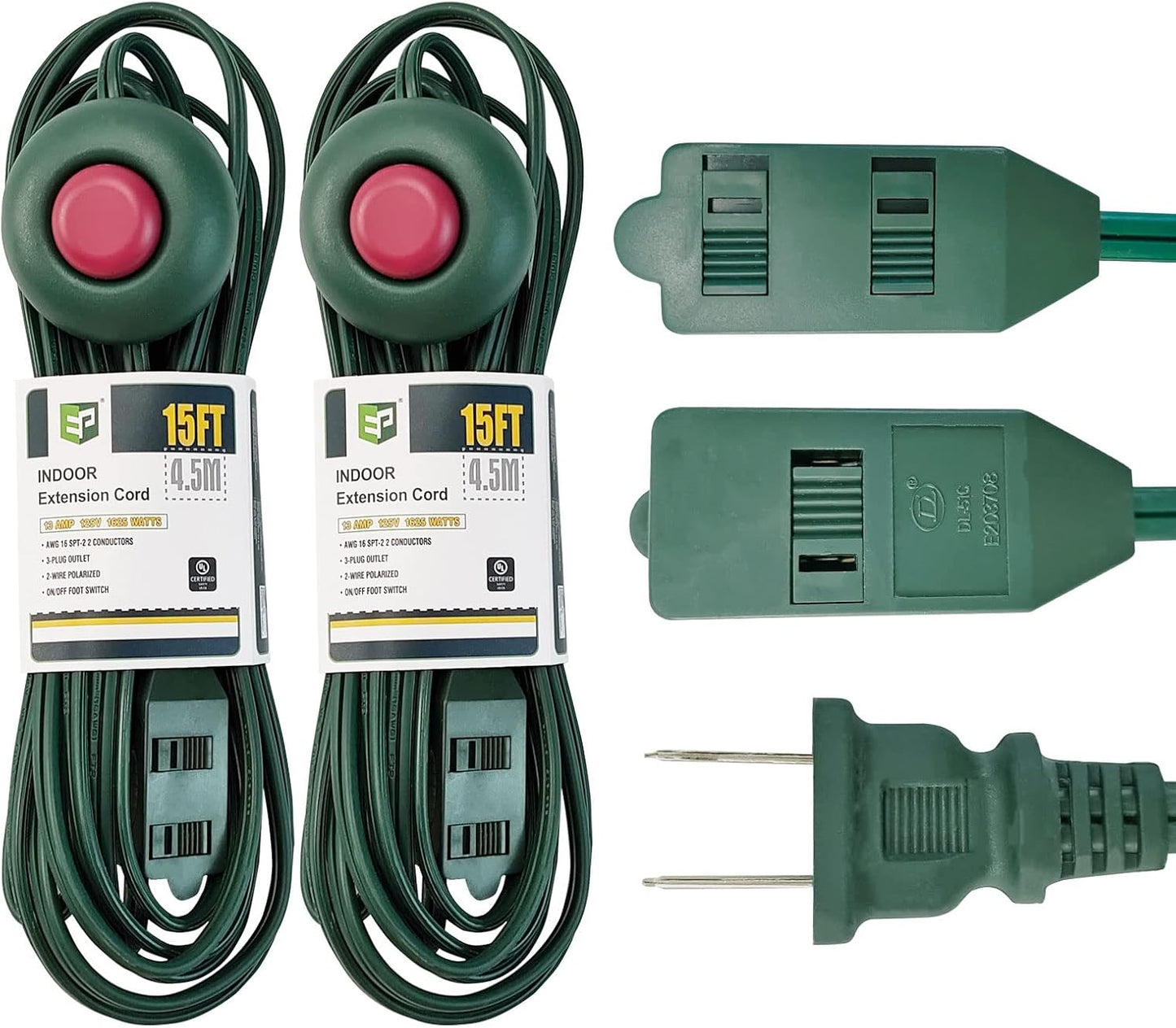 2 Cables Extensión 15ft con Interruptor 2 Clavijas 3 Tomas 16/2c