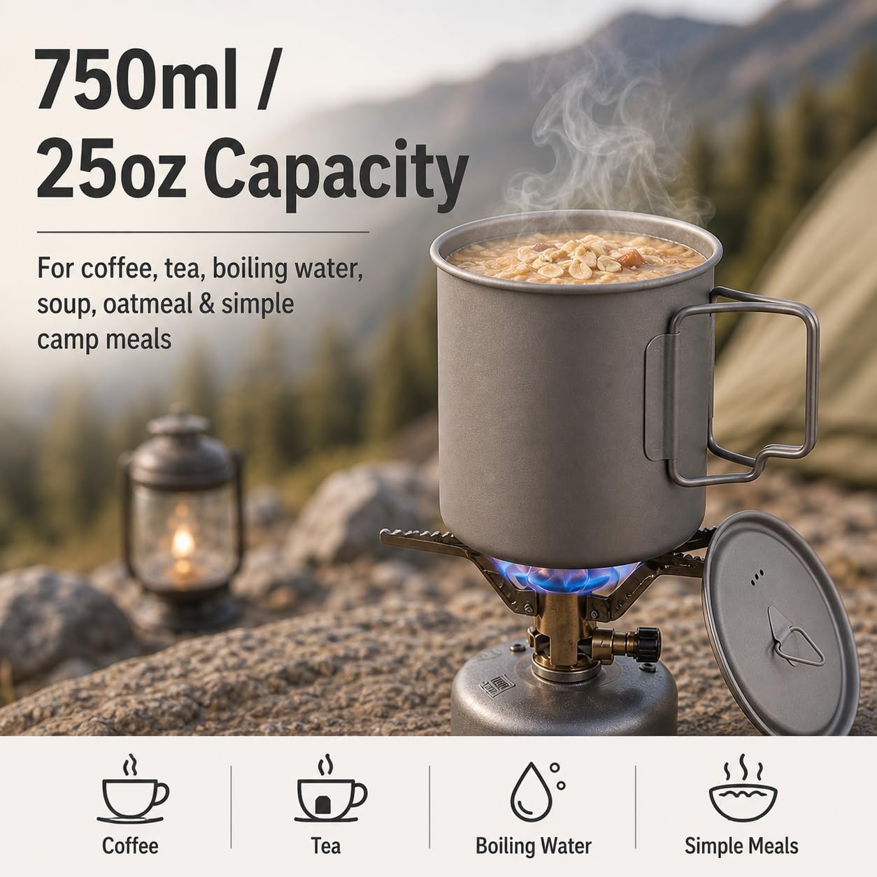 Taza titanio acampar 25oz con tapa asas plegables