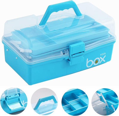 Caja plástico transparente 12pulg 3 capas asa azul