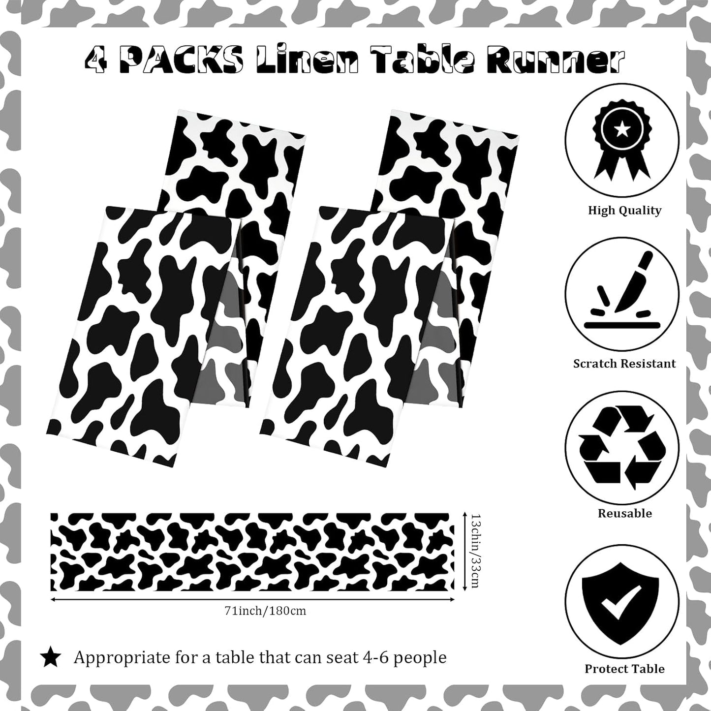 Mesa Camino Estampado Vaca 71x13pulg Blanco Negro