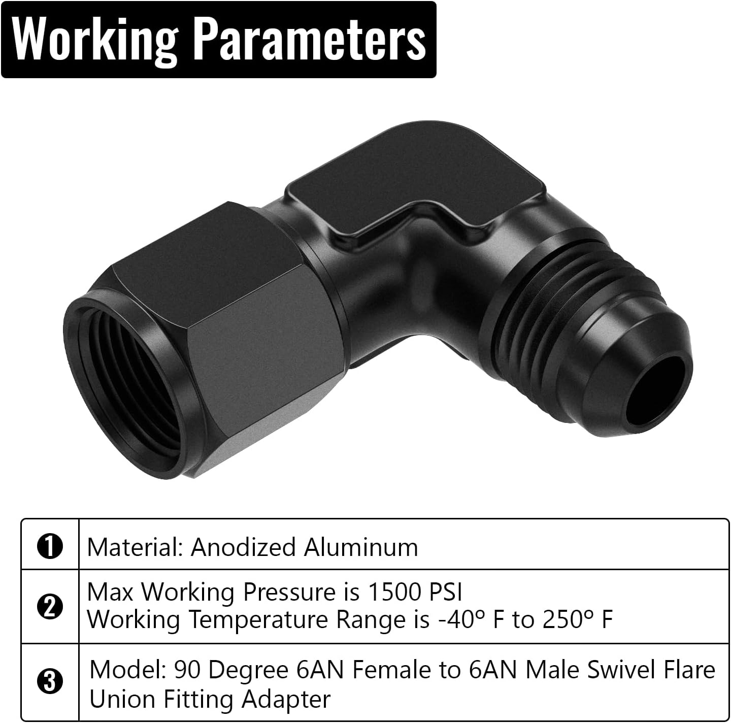 Adaptador AN hembra a macho aluminio negro 90°/6AN