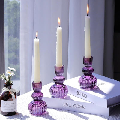 Set 3 portavelas vidrio acanalado 4.3pulg morado para velas cónicas
