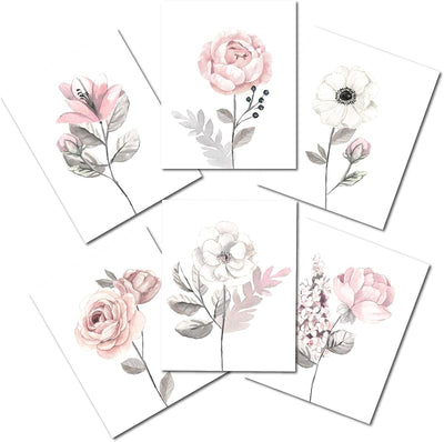 6 Pzas Acuarela Floral Pared Niño Rosa/Gris