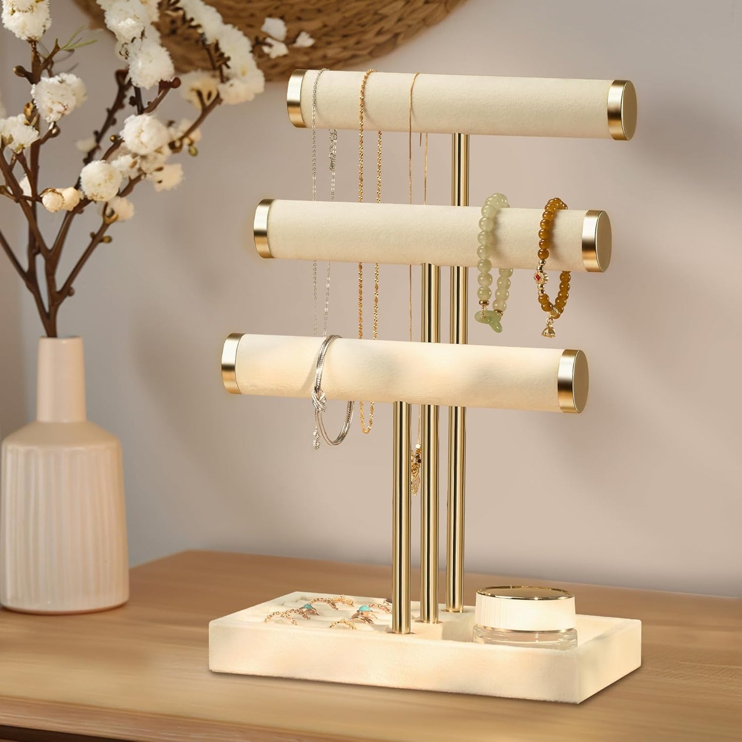 Soporte pulseras 3 niveles terciopelo beige con barra T