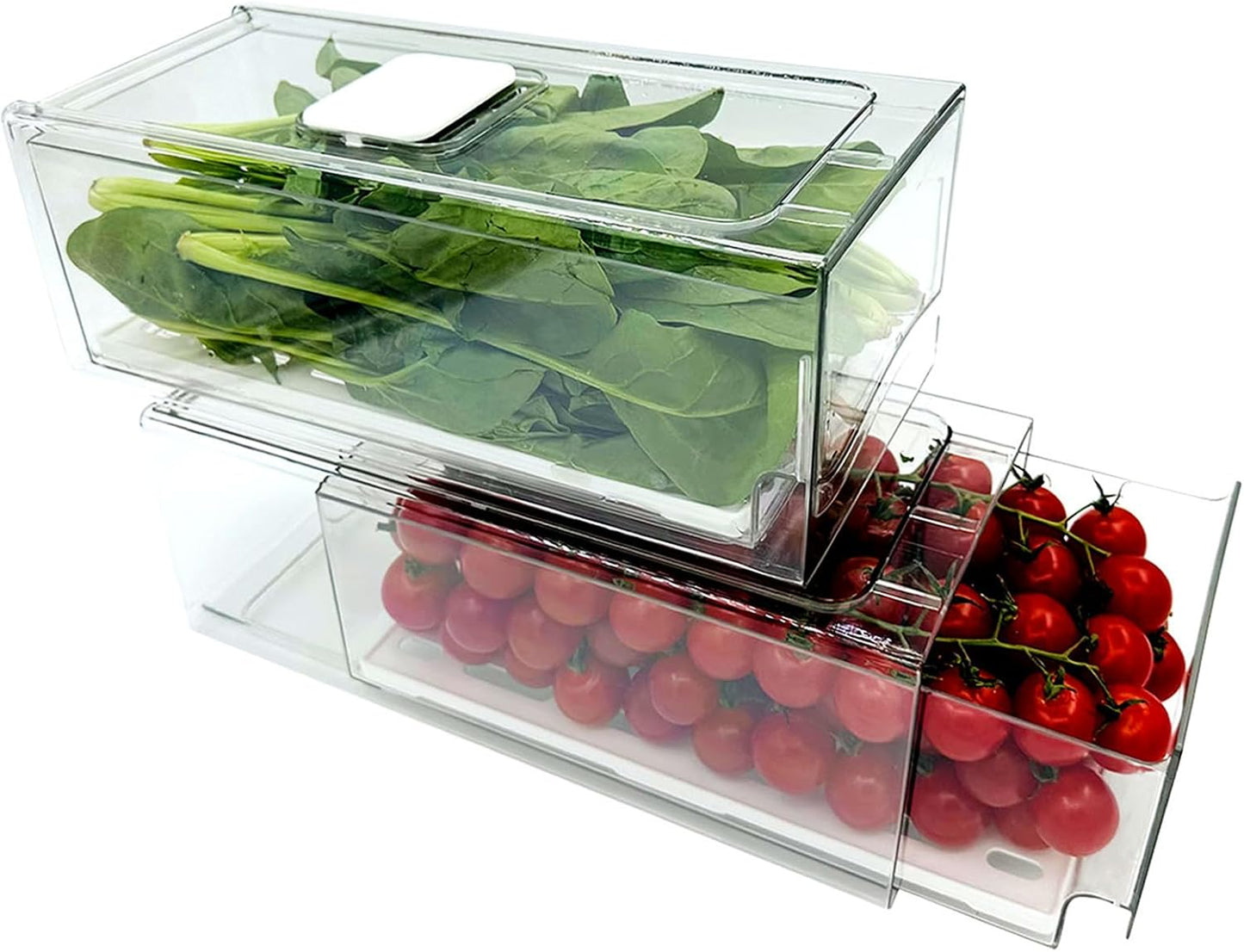 Organiz. refrigerador cajones apilables frutas reutiliz.