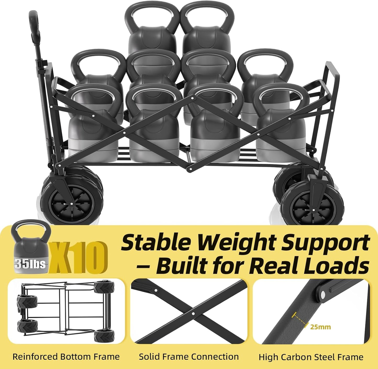 Carro plegable resistente 350lb para acampar negro