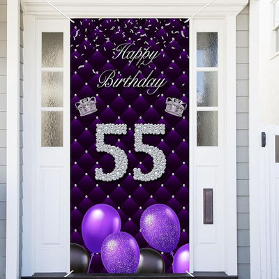 Cartel feliz cumpleaños 55 morado globos corona plateada mujer