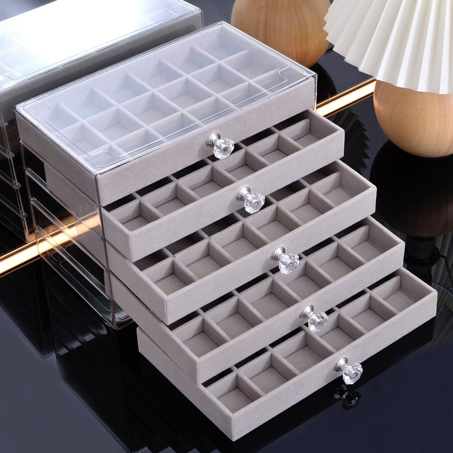 Caja organizadora joyas terciopelo gris 5 cajones