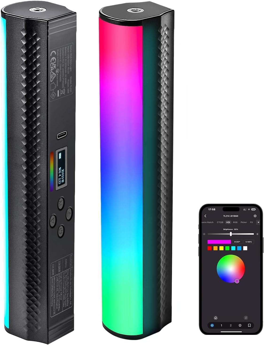 Varita luz RGB control APP barra LED 2500K~8500K batería 2550mAh