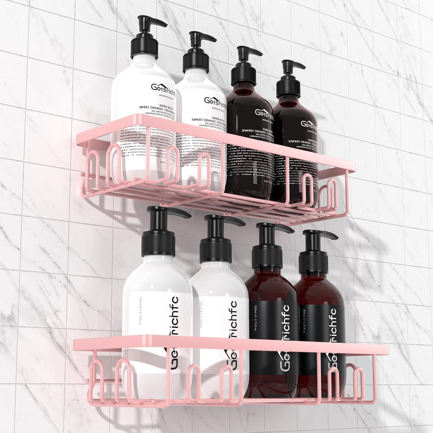 Organiz. ducha adhesivo inox ganchos extraibles rosa