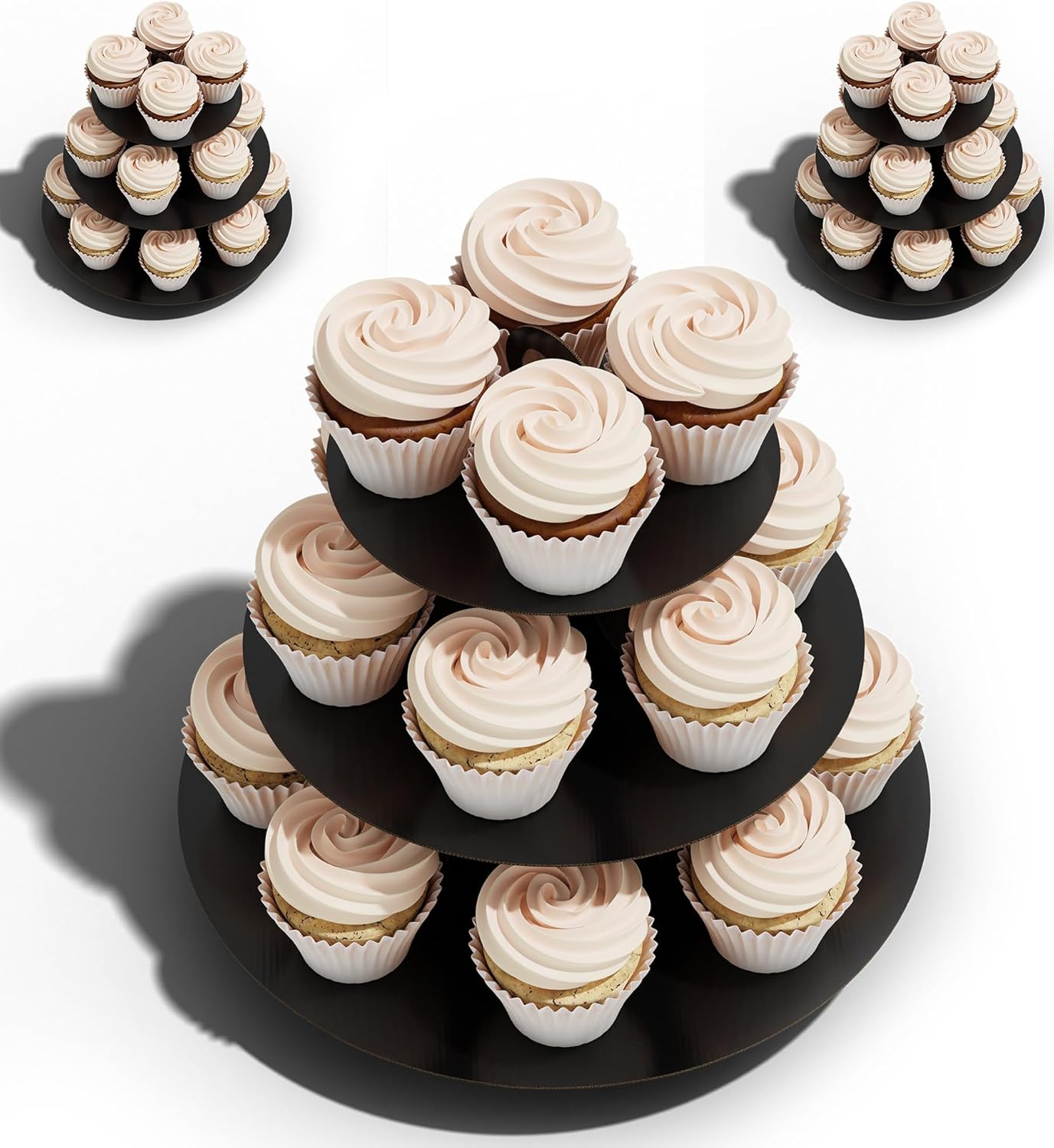 Torre Soporte Cupcakes Pack 3 Negro 3 Niveles Cartón