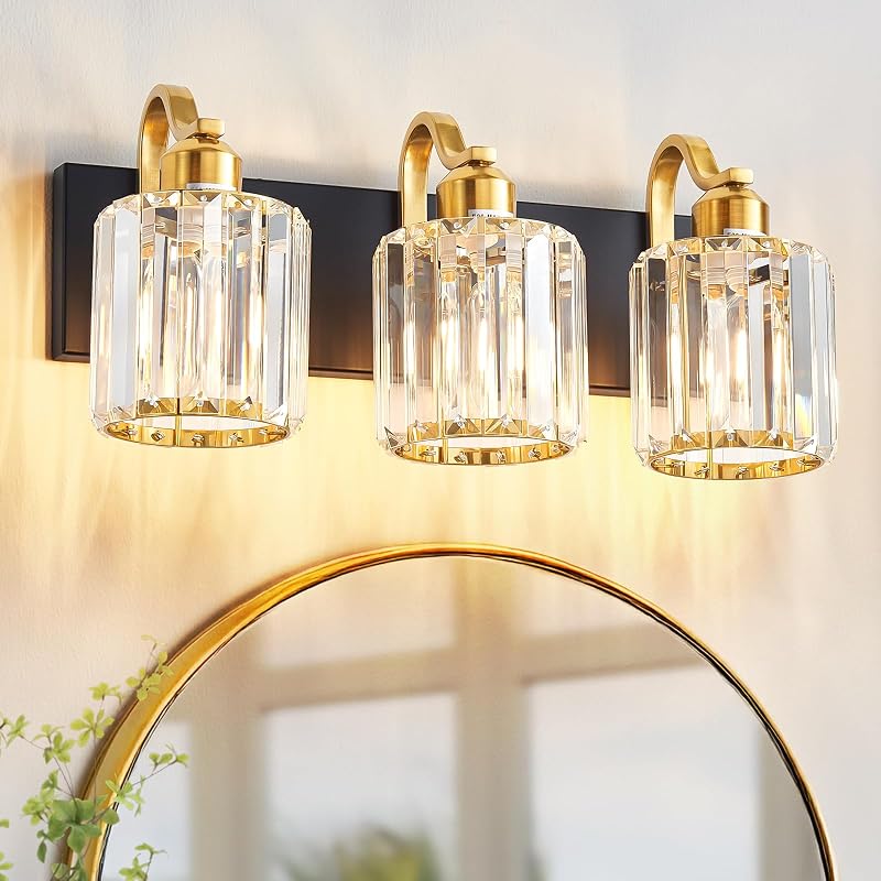 Lámpara baño cristal 3 luces negras y doradas