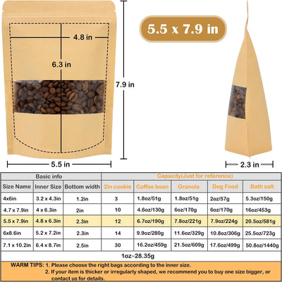50 Bolsas Kraft Resellables con Ventana 5.5x7.9"