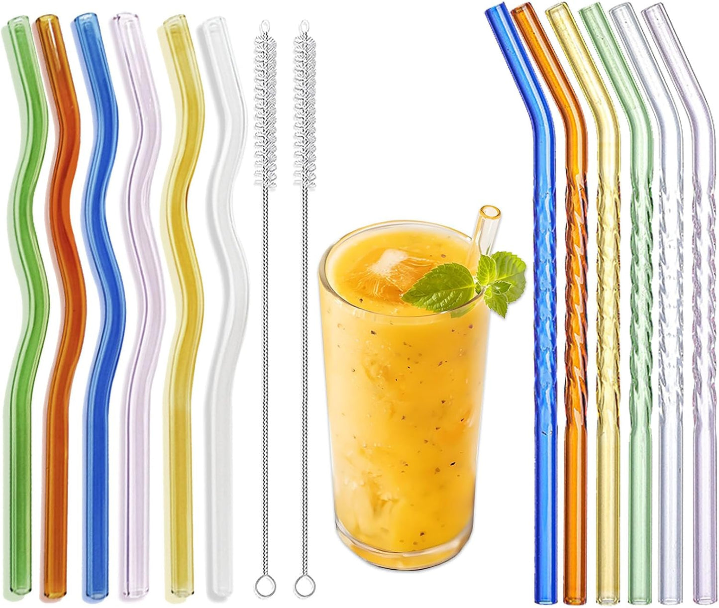 Paquete de 12 pajitas de vidrio reutilizables onduladas y espirales con cepillos para bebidas