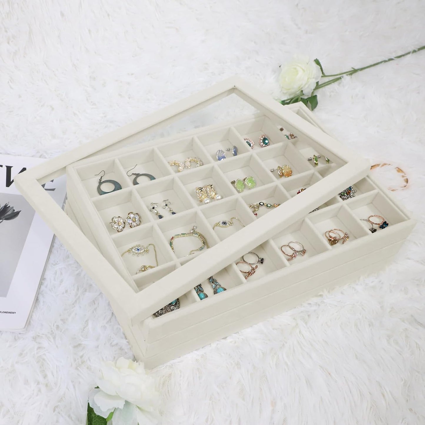 Set 4 organiz. joyas apilables con bandeja terciopelo
