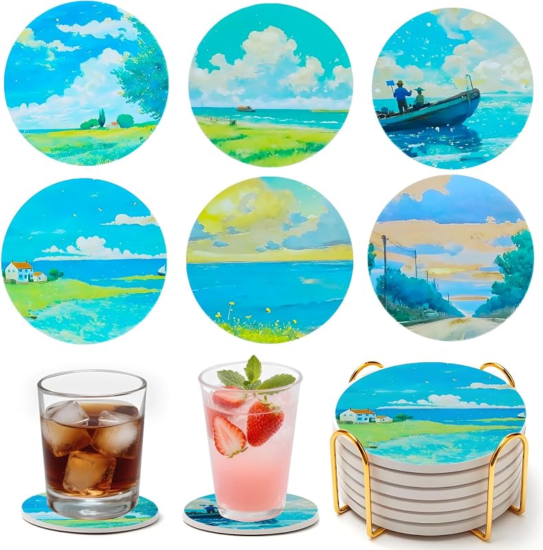Set 6 posavasos cerámica redondos con soporte decorativo
