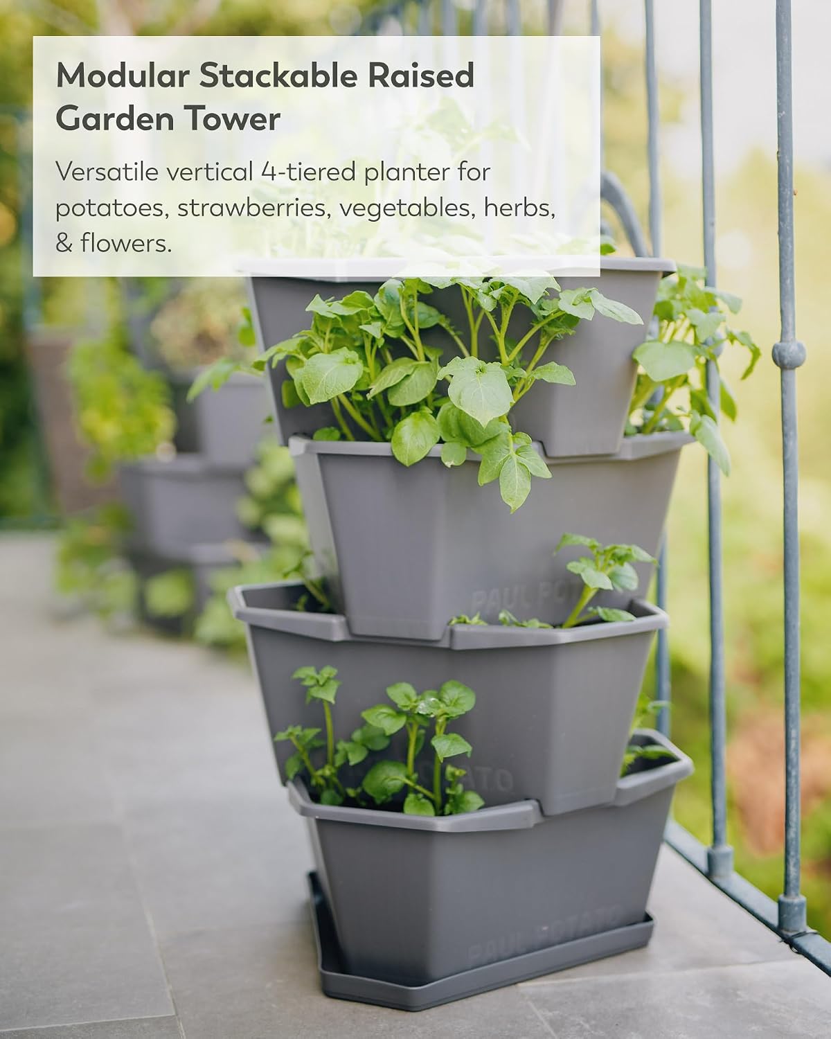 Maceta vertical apilable 4 niveles para jardín gris