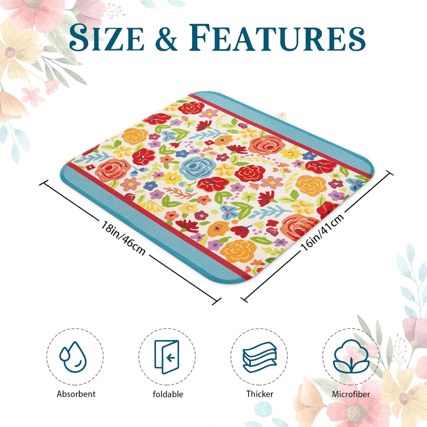 Tapete secado platos turquesa 16x18pulg microfibra diseño floral