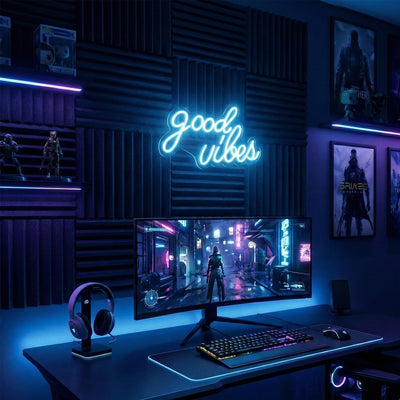 Letrero neón Good Vibes azul hielo LED 16.1x8.3pulg