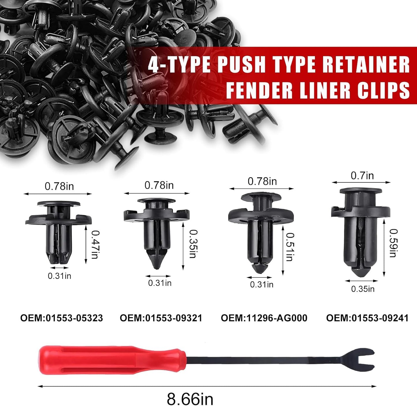 120 Clips Guardabarros Tipo Empuje con Herramienta Extracción