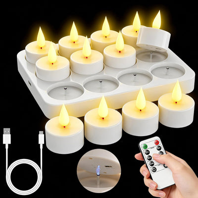 12 Velas LED Recargables con Base y Temporizador