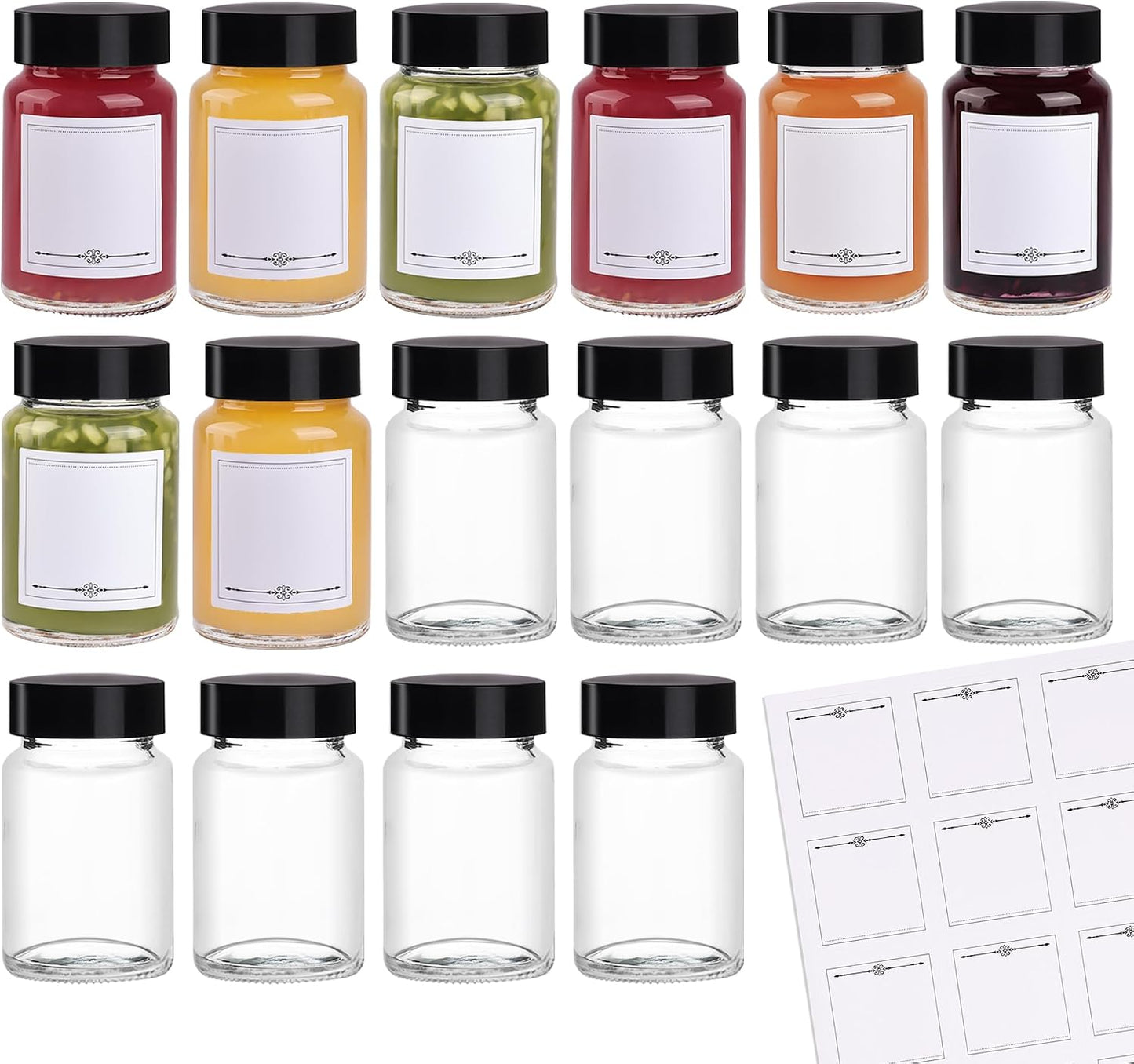 16 Botellas Vidrio 2oz Tapas Negras 60ml Botellas Boca Ancha