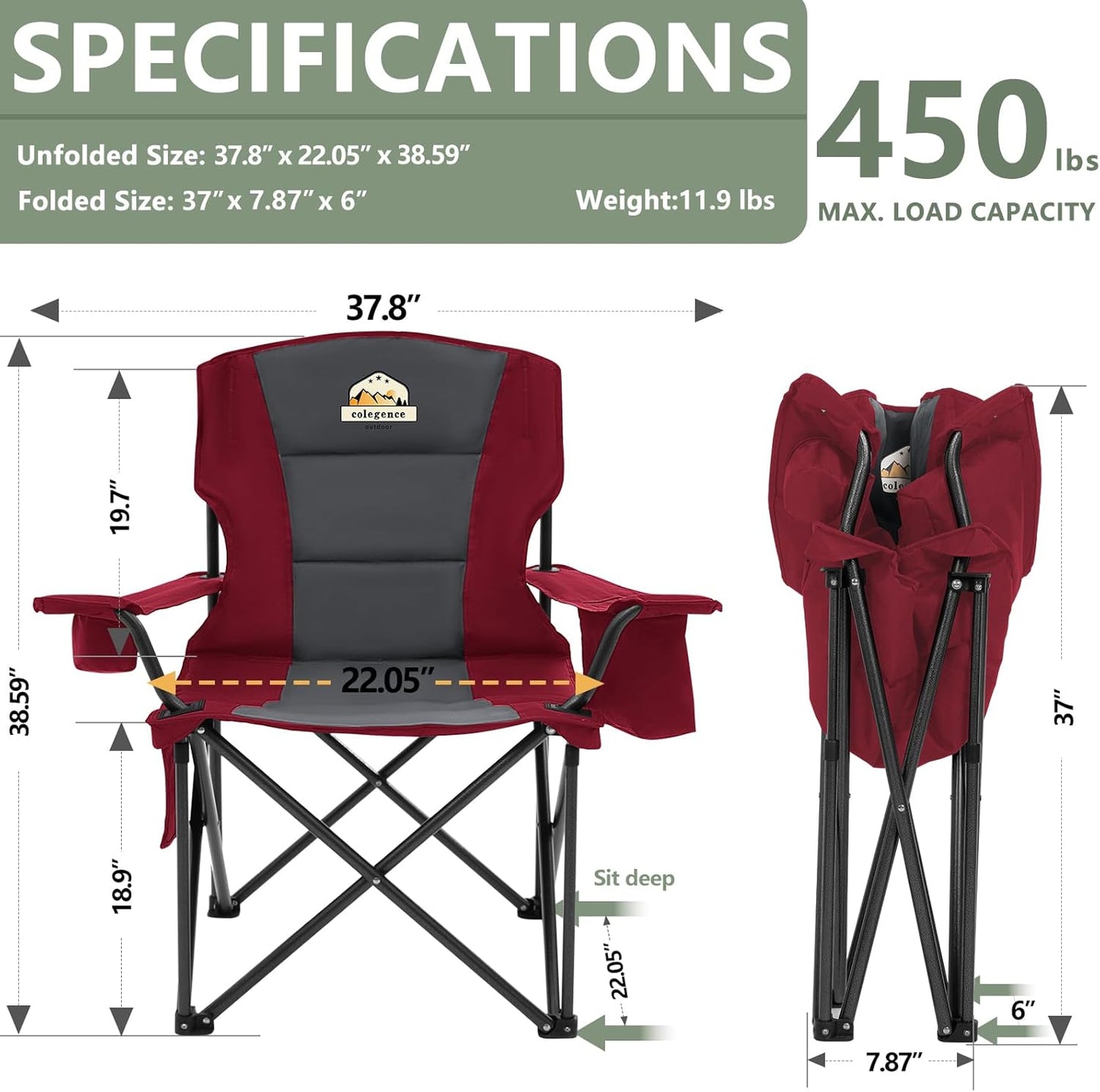 Sillas campamento plegables 450lb cojín acolchado color rojo