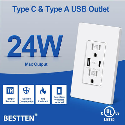 Toma pared USB 24W 15A con puertos C y A 4.8A TR