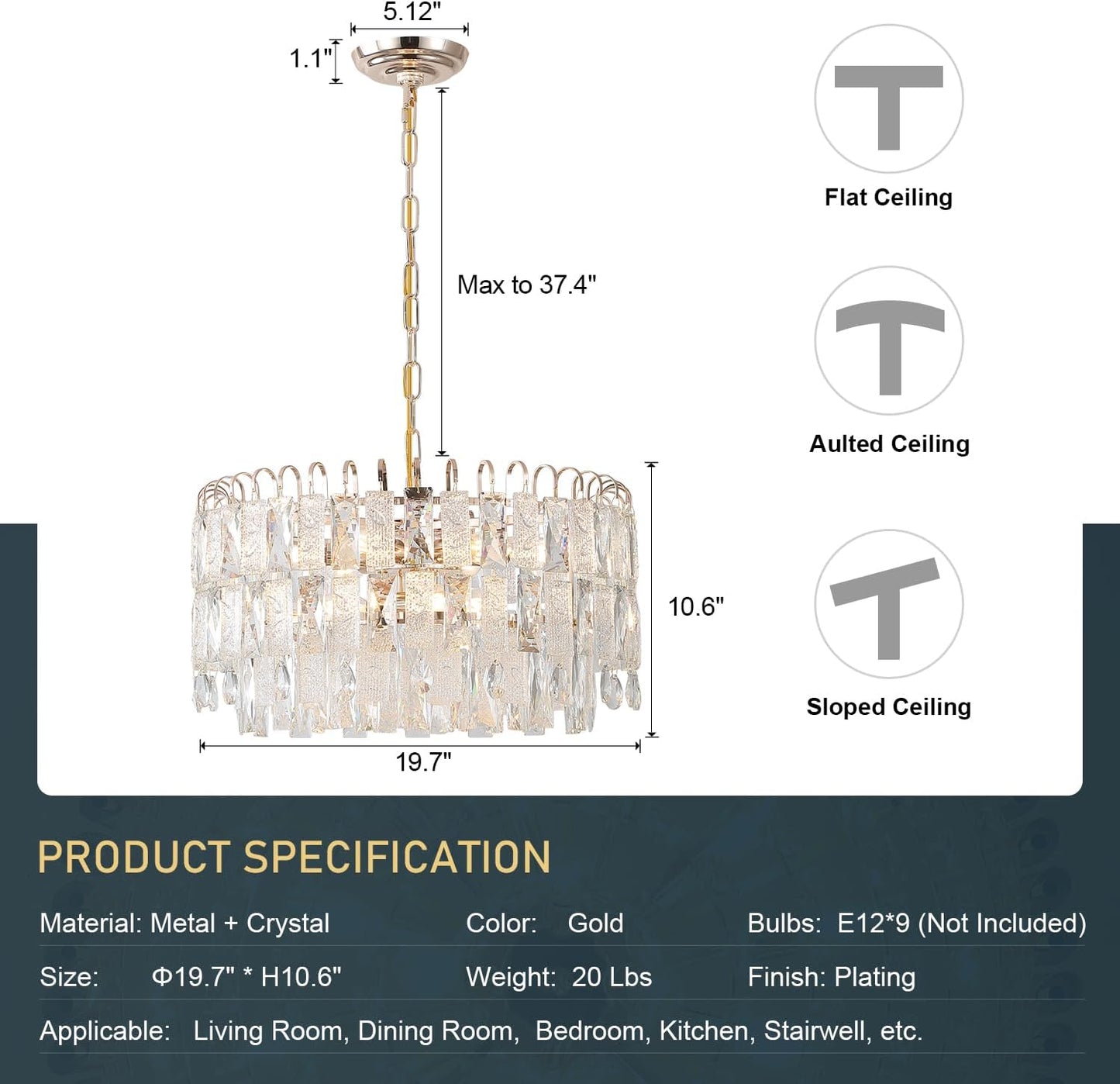 Candelabro cristal K9 dorado 20pulg 9 luces sala comedor