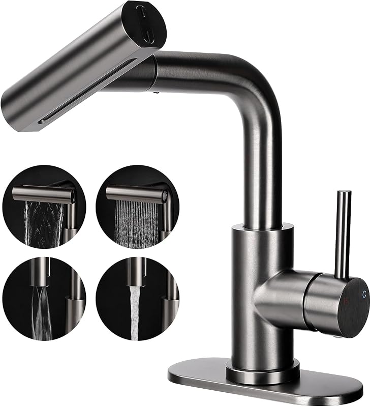 Grifo baño acero inox negro mate 24" rociador 4 modos