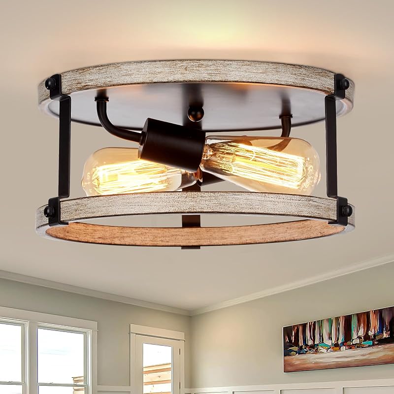 Lámpara techo rústica 12.5" 2 luces madera roble