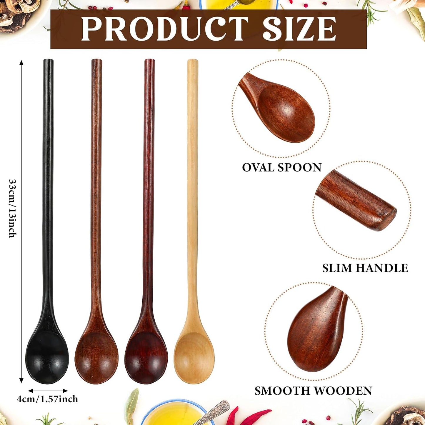 4 cucharas de madera de mango largo para cocinar, té, sopa, café y cócteles