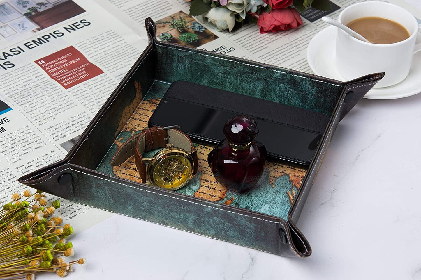 Bandeja catchall cuero vegano para escritorio con soporte