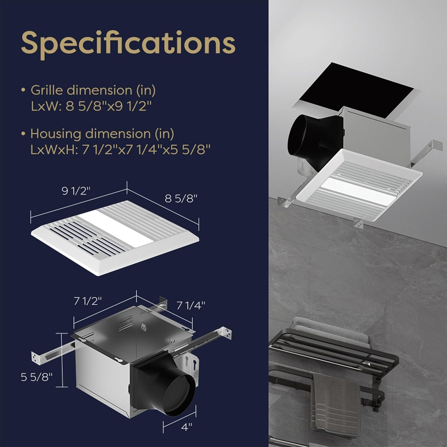 Ventilador techo baño con luz LED 100 CFM silencioso