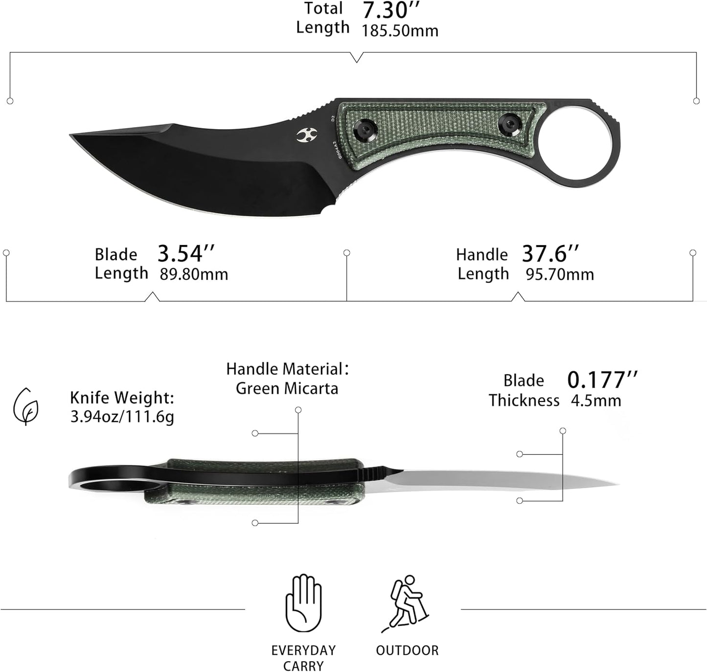 Cuchillo fijo D2 TICN 3.54pulg mango micarta verde funda