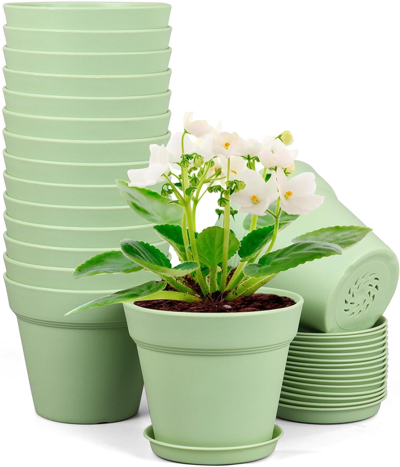 Macetas plástico 4" set 16 con drenaje y platillo decorativo