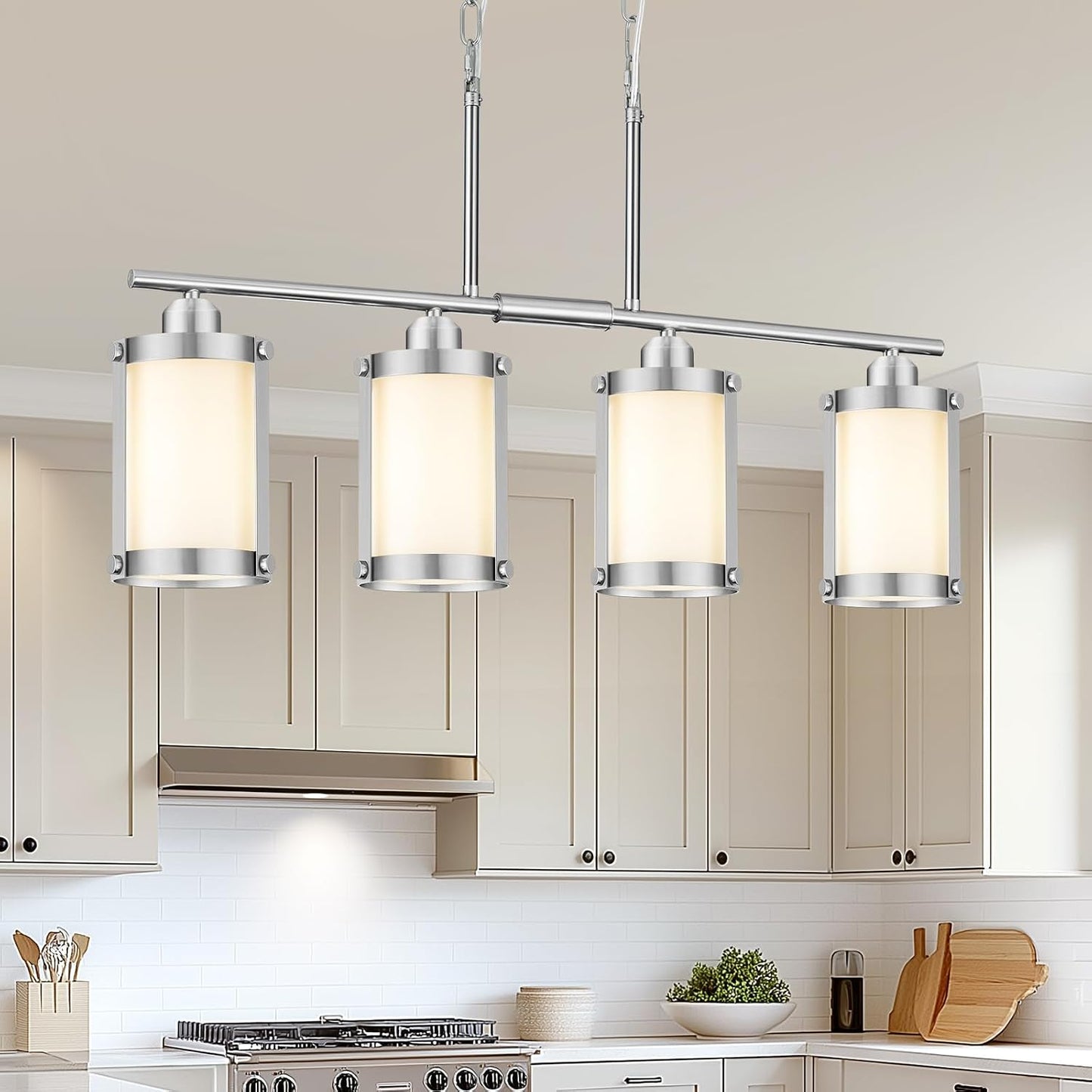 Lámpara isla cocina 4 luces níquel cepillado vidrio