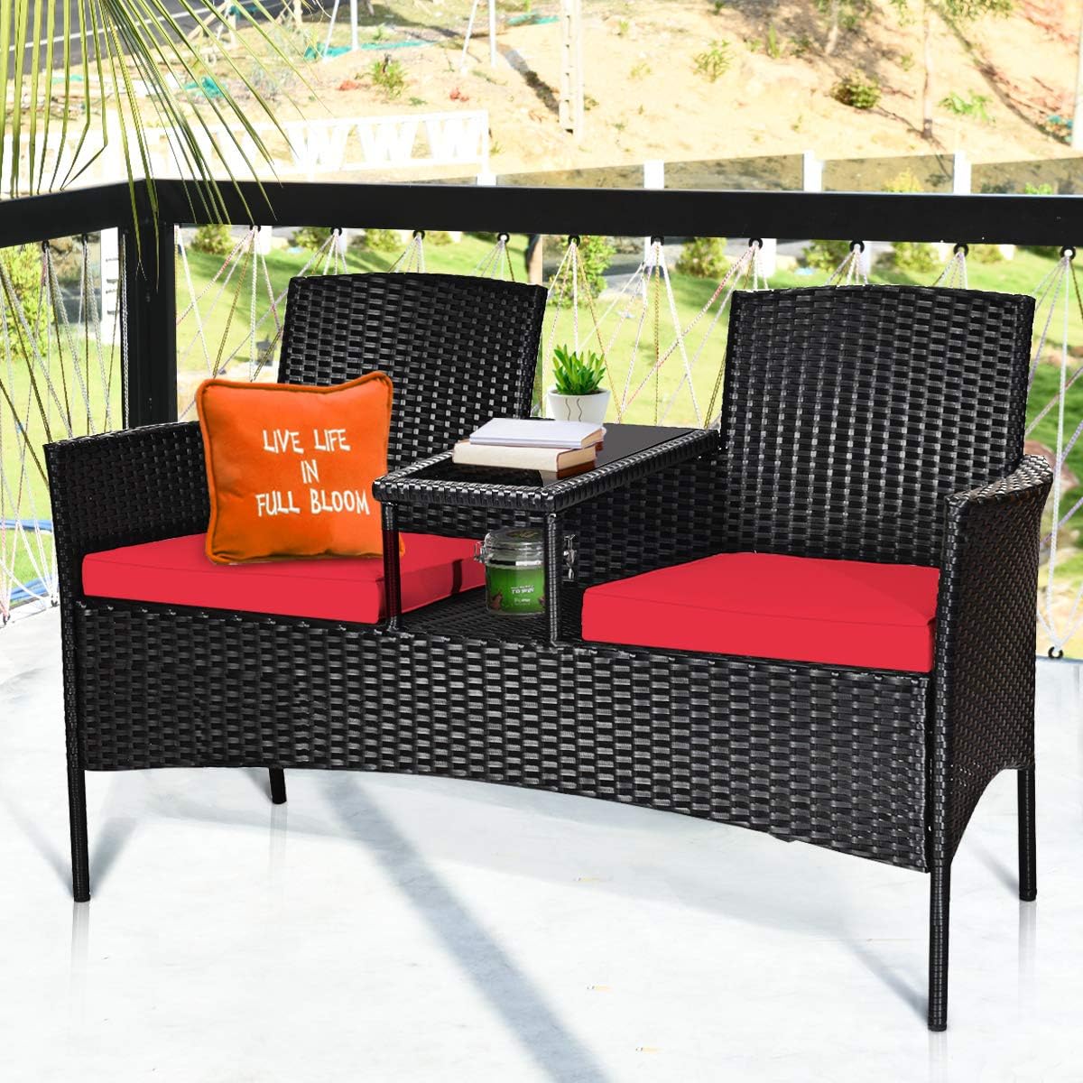 Set muebles ratán para patio con mesa vidrio templado