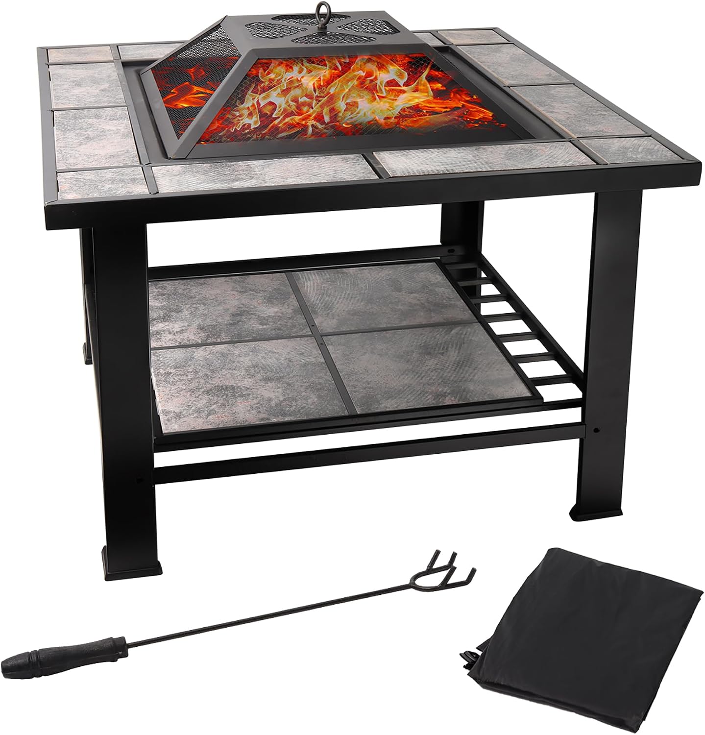 Mesa cuadrada chimenea leña 30pulg con tapa malla