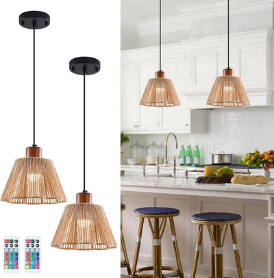 2 Luces colgantes ratán inalámbricas RGB control remoto