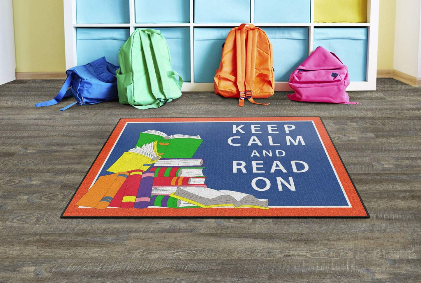 Alfombra aula infantil 4x6ft rojo y azul con texto