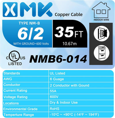 Cable NM-B 6/2 con tierra 35pies para electricidad residencial