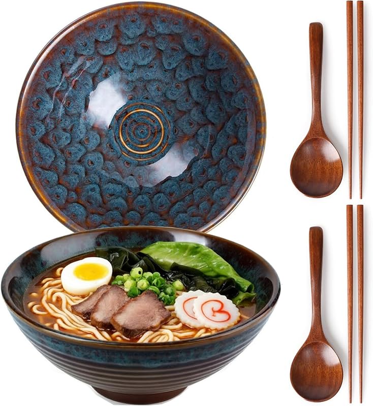 Set 2 Tazones Cerámica Ramen con Cucharas y Palillos 8pulg