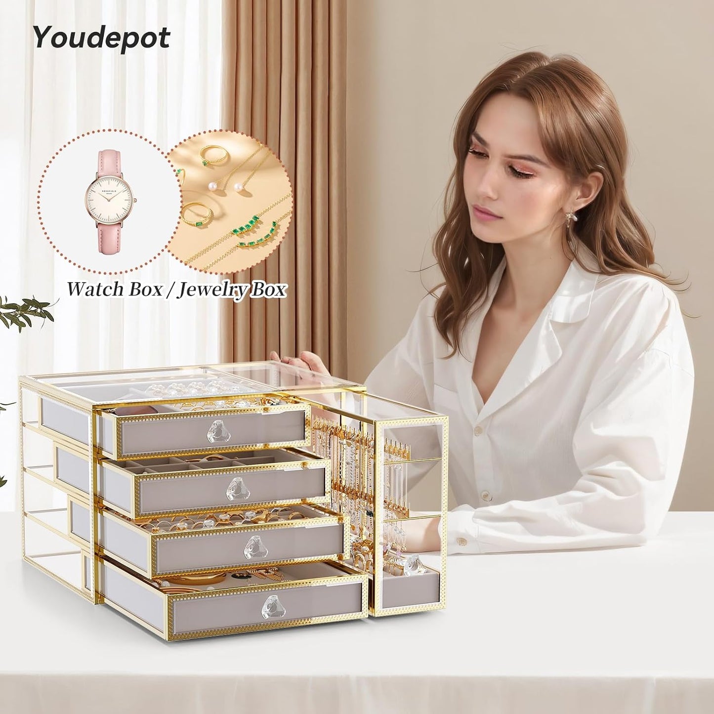 Caja organizadora joyas vidrio 5 cajones mujer