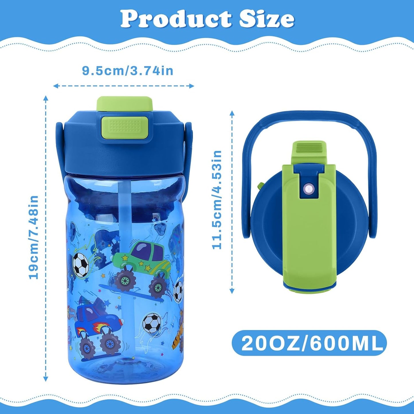 Botella agua niños 2en1 20oz plástico popote asa a prueba fugas