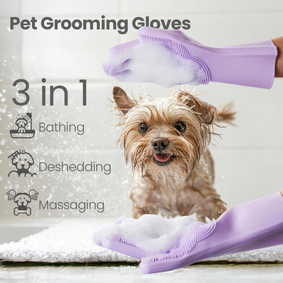 Guantes silicona para baño mascotas perros/gatos morado