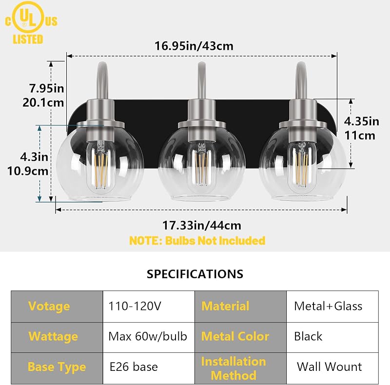 Lámpara tocador 3 luces vidrio transparente base metal negro