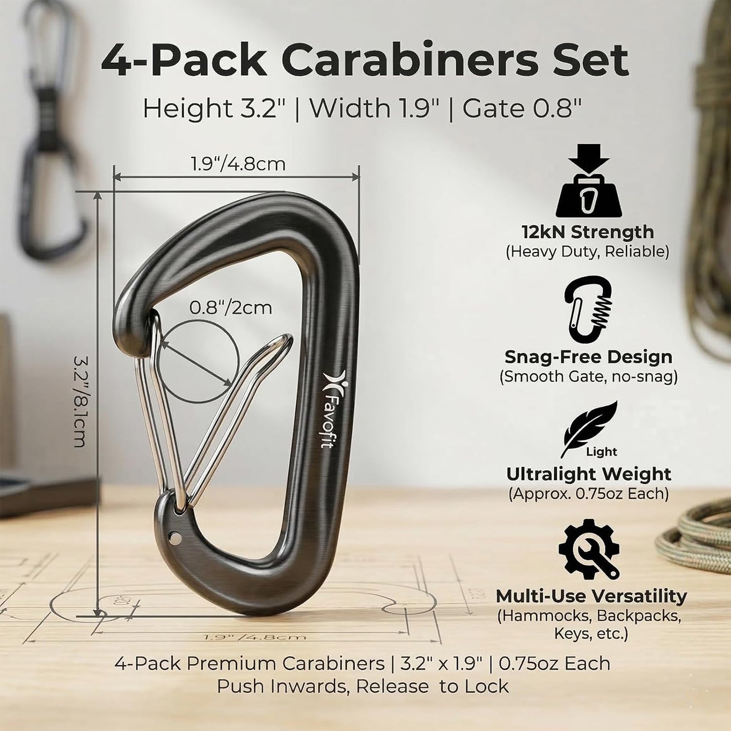 Mosquetones 12KN 3.2'' para senderismo camping perros